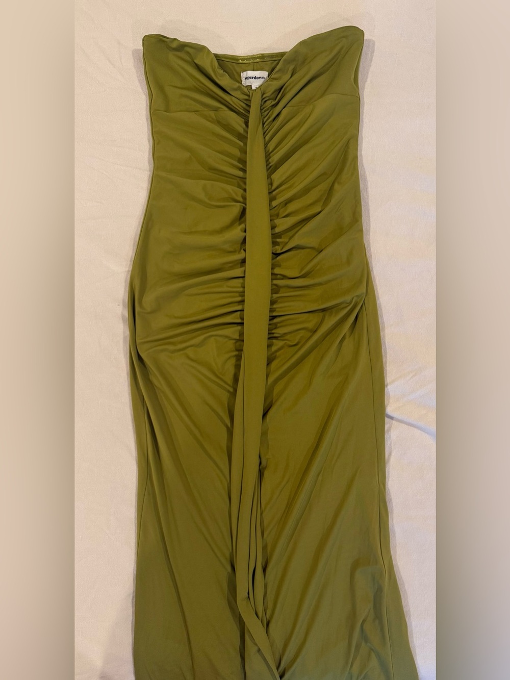 Superdown Olive Green Strapless Ruched Maxi Dress